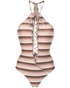 Amir Slama Striped Lace-Up Swimsuit - Pink
