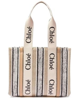 Chloé Woody Striped Linen Tote Bag - White