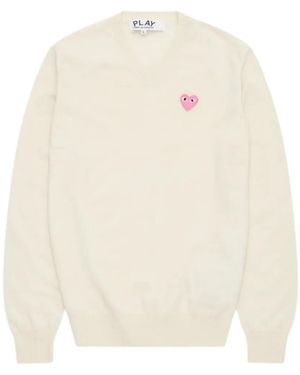 COMME DES GARÇONS PLAY Heart-Patch V-Neck Jumper - White
