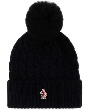 Moncler Cable-Knit Pompom Virgin Wool Beanie Hat - Black