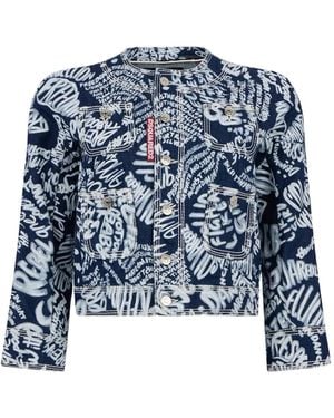 DSquared² Lettering-Print Denim Jacket - Blue