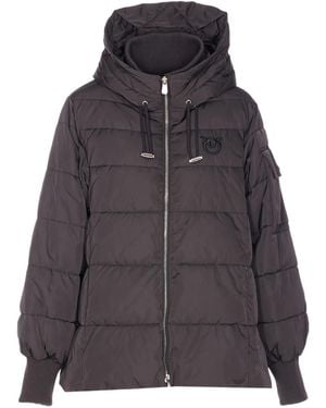 Pinko Puffer Jacket With Hood And Horizontal Quilting - Grey