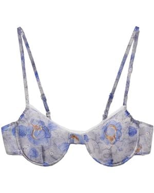 Prada Floral-Print Lace-Trim Bra - Blue