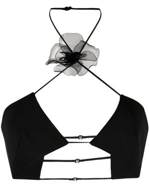 Nensi Dojaka Floral-Appliqué Halterneck Cropped Top - Black
