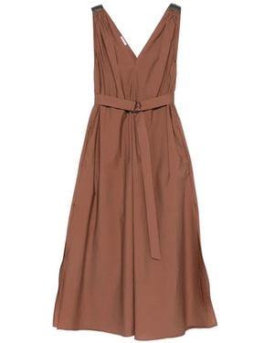 Brunello Cucinelli Techno Cotton Poplin Dress With Belt And Precious Shoulder Detail - Brown