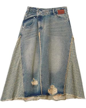 Musium Div. Midi-Rok Met Gerafelde Afwerking En Patchwork - Blauw
