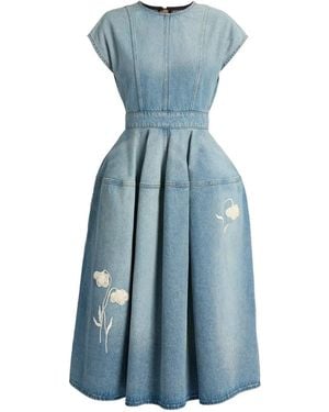 Erdem Vestido Midi Vaquero Con Bordado De Manga Corta - Azul