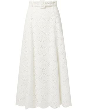 Veronica Beard Vintry Eyelet-Embroidered Belted Midi Skirt - White