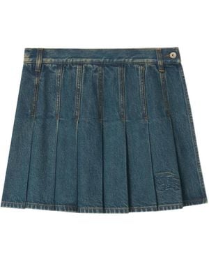 Burberry Pleated Denim Mini Skirt Size 8 With Equestrian Design - Blue