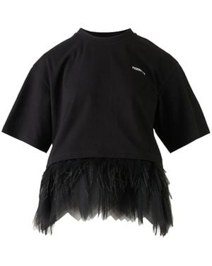 Pushbutton Feather-Trim T-Shirt - Black