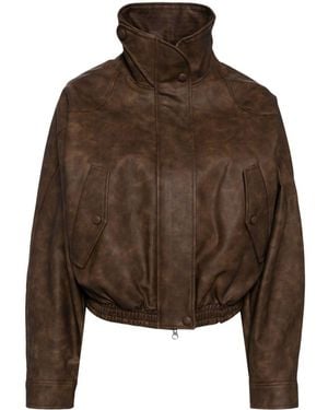 Low Classic High-Neck Zip Leather Jacket - Brown