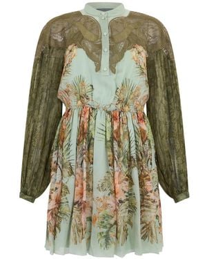 Alberta Ferretti Lace-Trimmed Floral-Print Mini Dress - Green