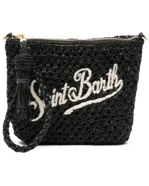 MC2 Saint Barth Raffia Pouch Embroidered-Logo Clutch Bag - Black