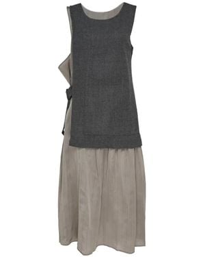 Y's Yohji Yamamoto Layered Pinstriped Midi Dress - Grey