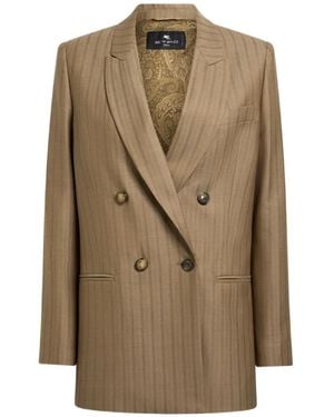 Etro Double-Breasted Wool Jacquard Jacket With Striped Pattern - Natural