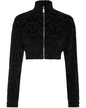 Philipp Plein Jacquard-Monogram Cropped Tracksuit Jacket - Black