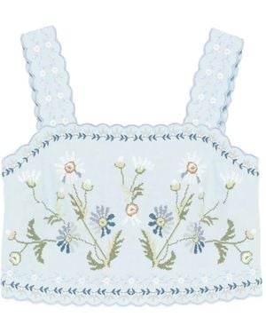 Sea Audra Floral-Embroidered Crop Top - Blue