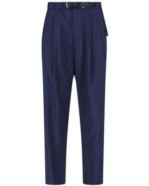 White Sand Pinstripe Belted Trousers - Blue