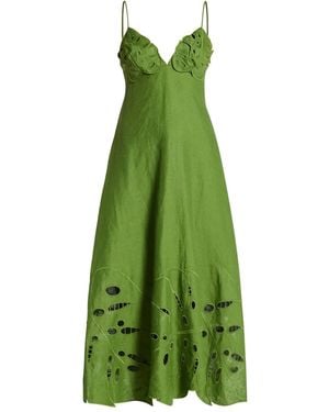 FARM Rio Leaf-Applique Linen Midi Dress - Green