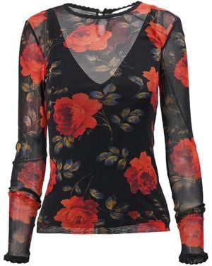 Carolina Herrera Rose-Print Mesh Top - Red