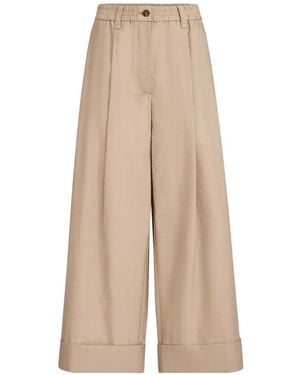 Brunello Cucinelli Techno Cotton Poplin Boxy Pleated Pants With Monili - Natural