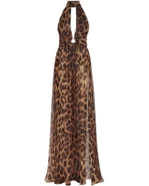 Philipp Plein Silk Chiffion Long Dress Leopard - Brown