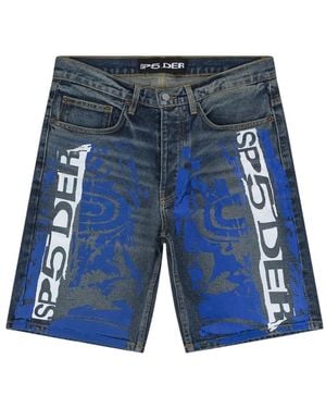 Sp5der Logo-Print Denim Shorts - Blue