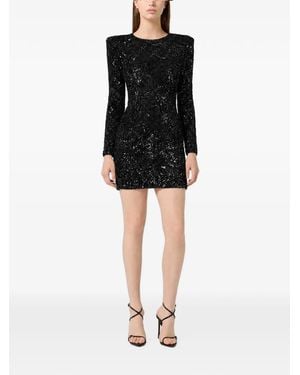 Philipp Plein Embroidered Long-Sleeved Mini Dress Crystal Skull - Black