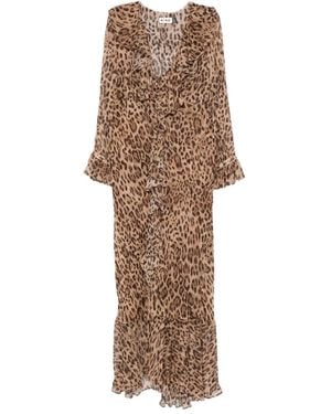 RIXO London Gerüschtes Grayce Leoparden-Midikleid - Natur