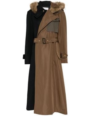 Sacai Faux Fur-Trim Belted Coat - Natural