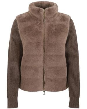 DUNO Nila Faux-Fur Panelled Ribbed-Knit Jacket - Brown