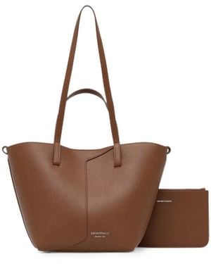 Emporio Armani 1981 Small Leather Shopper With A Mini-Grained Finish And Double Handles - Brown