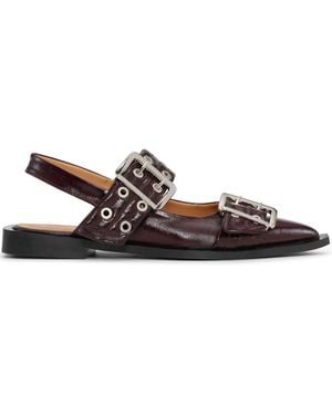 Ganni Ballerines En Cuir À Double Boucle - Marron