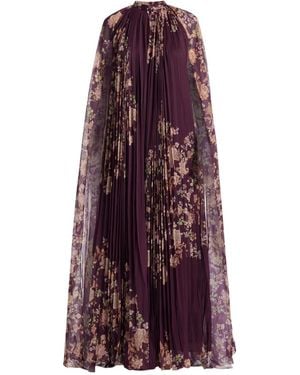 Hemant & Nandita Savi Geplooide Avondjurk Met Bloemen - Paars