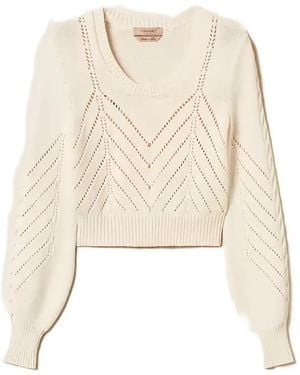 Twinset Cropped Wool-Blend Jumper With Chevron Design - Natural