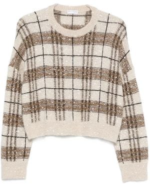 Brunello Cucinelli Plaid-Pattern Sequin-Embellishment Jumper - White