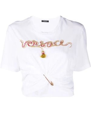Versace Embellished-Logo Safety-Pin T-Shirt - White