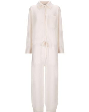 Laneus Ribbed Knit Button-Front Jumpsuit - White