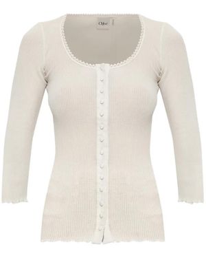 Chloé Ribbed-Knit Lace-Trim Top - White