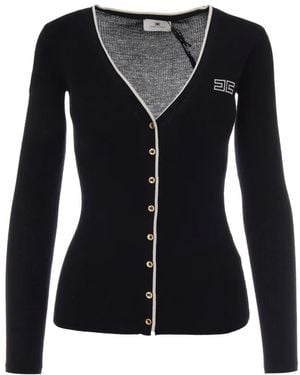 Elisabetta Franchi Logo-Embroidered Ribbed Cardigan - Black
