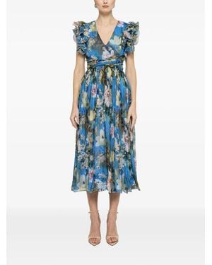 Nissa Ruffled Floral Print Midi Dress - Blue