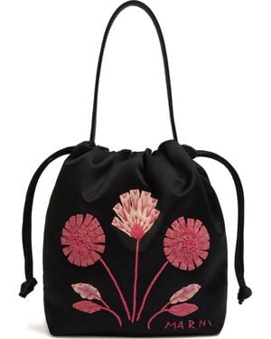 Marni Small Floral-Embroidered Bucket Bag - Black