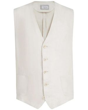 Brunello Cucinelli Linen Micro Chevron Waistcoat - White