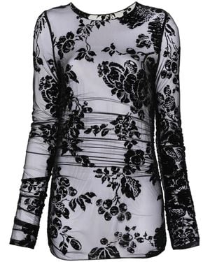 Pinko Sheer Long-Sleeve Floral Flocking Top - Black
