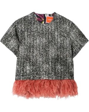 La DoubleJ Feather-Trim Tweed T-Shirt - Gray