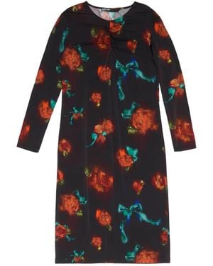 Bimba Y Lola Ruched Floral-Pattern Midi Dress - Black
