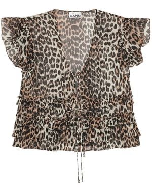 Ganni Ruffled Leopard-Print Blouse - Natural