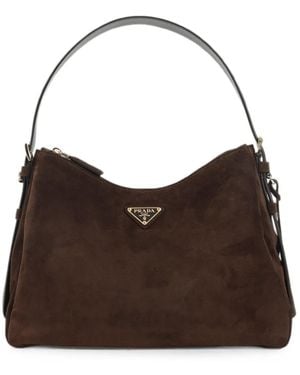Prada Suède Schoudertas Met Logoplakkaat - Bruin