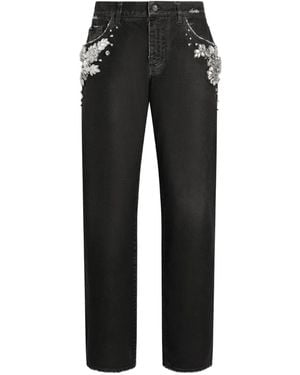 Dolce & Gabbana Embroidered Crystal-Embellished Jeans - Black