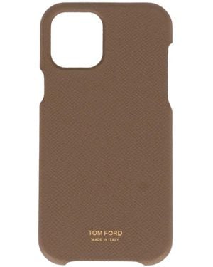 Tom Ford Logo-Print Grained-Leather Phone Case - Brown